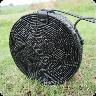 new black color ata rattan grass handwoven handbag circle design